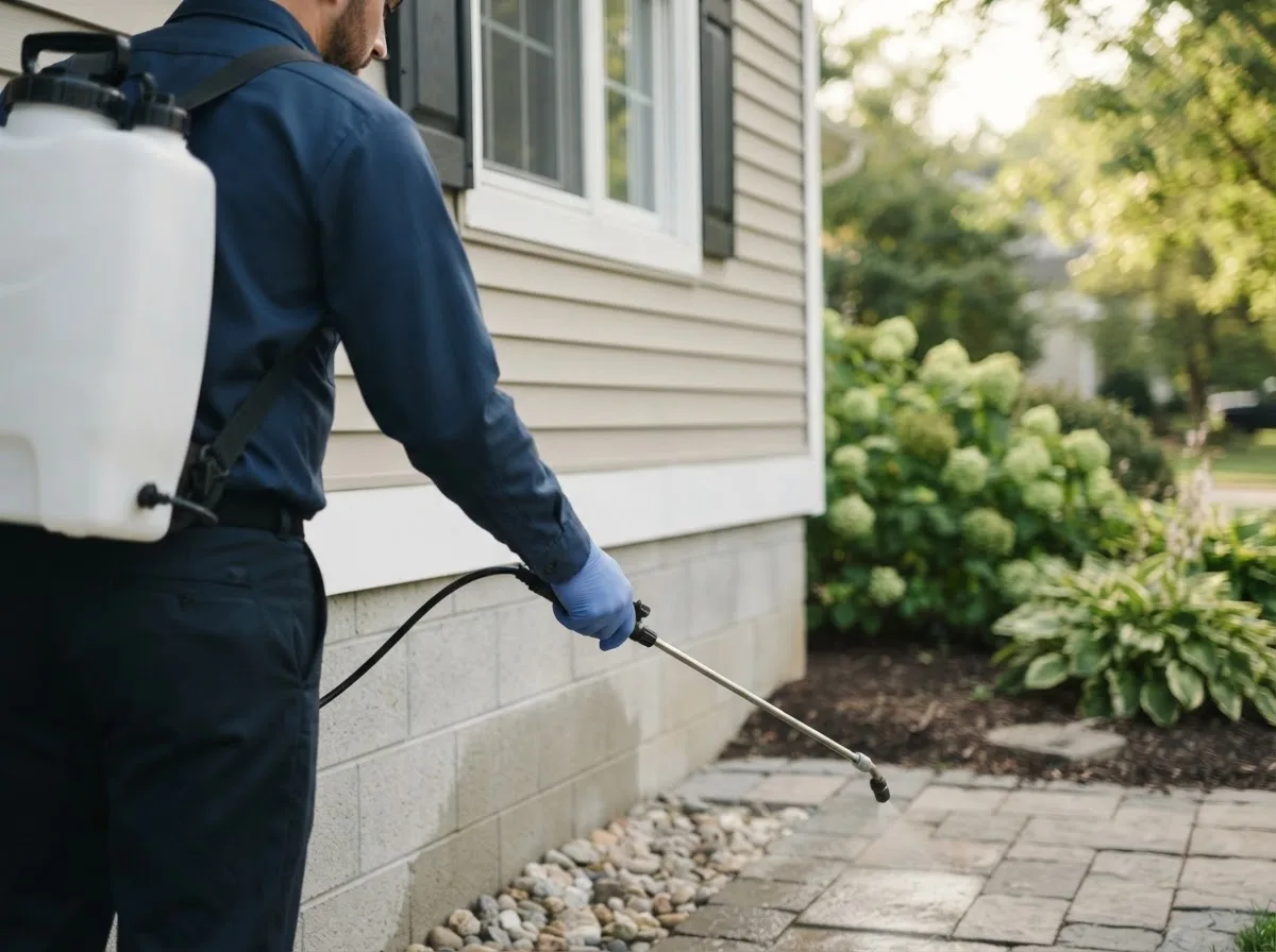Pest control technician inspecting a home in Medway, MA